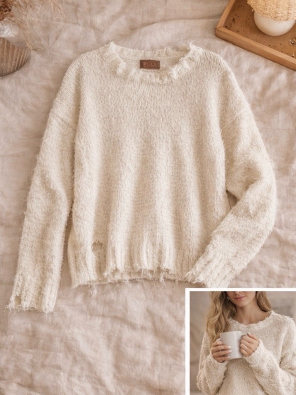 POL Distressed Eyelash Knit Sweater Boho Oversized Pullover Boutique Brand - Picture 2 of 6